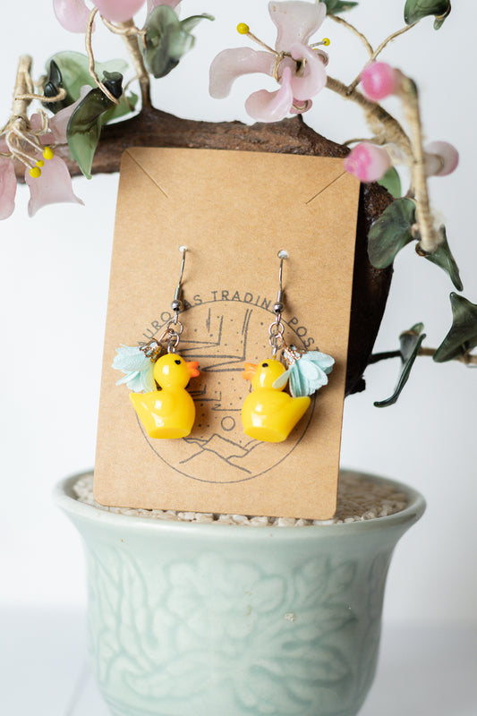 Duck With Blue Flower Earrings - Auroras Trading Post