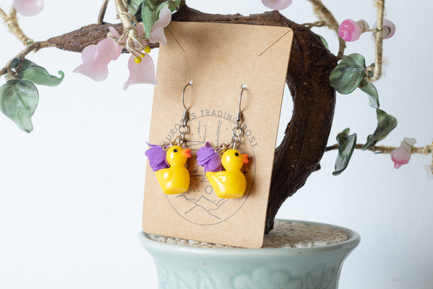 Duck With Purple Flower Earrings - Auroras Trading Post