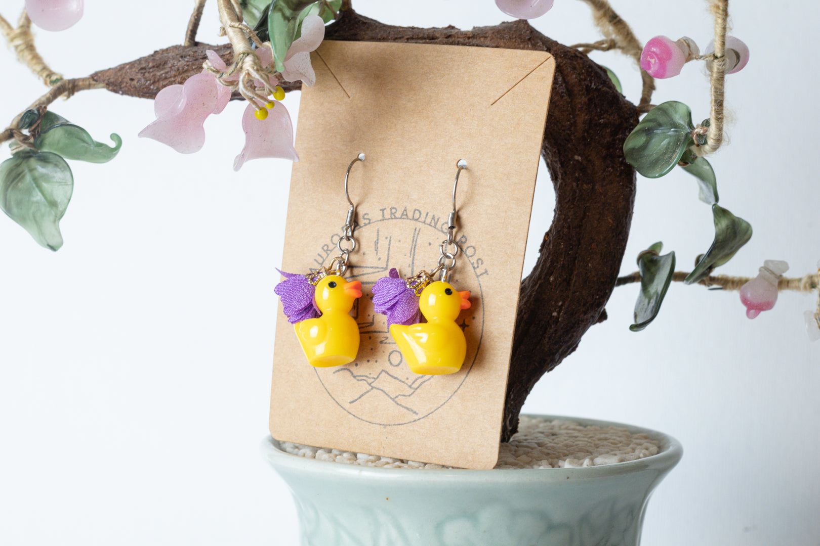 Duck With Purple Flower Earrings - Auroras Trading Post