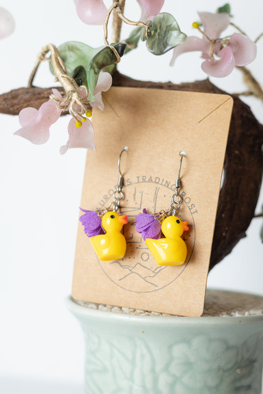 Duck With Purple Flower Earrings - Auroras Trading Post