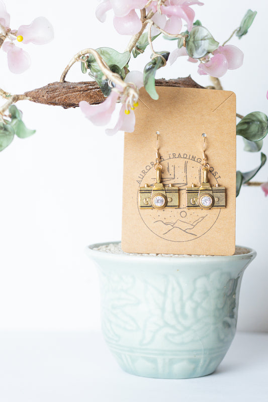 Gold Camera Earrings - Auroras Trading Post