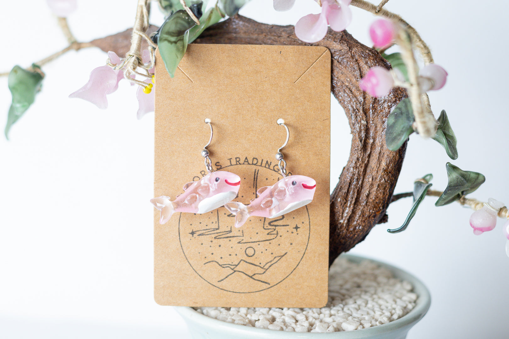 Pink Spotted Whale Dangle Earrings - Auroras Trading Post