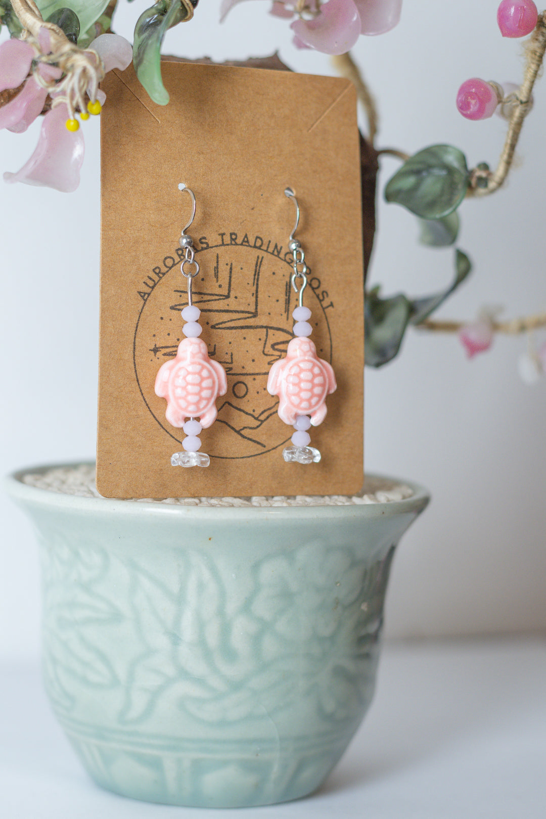 Pink Turtle Beaded Earrings - Auroras Trading Post